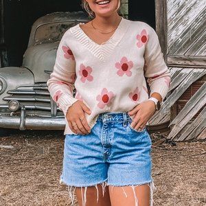 Bailey Rose Ivory & Pink Flower Distressed Knit Sweater